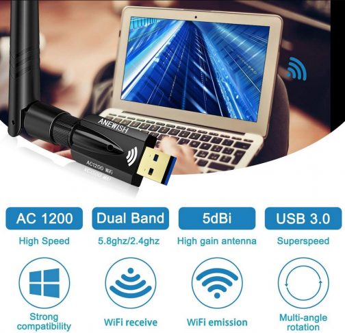 ANEWISH Wireless Adapter USB 3.0 Dual Band, Wifi Adapter 1200Mbps