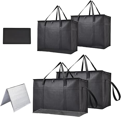 4-Pack Insulated Food Delivery Bags – 2 XXXL & 2 XL Hot/Cold Reusable Thermal Bags with Base Plates