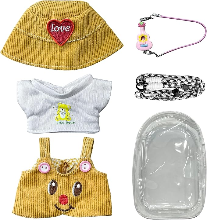 4-Piece 15cm/17cm Doll Clothes Set with Bag & Strap – T-Shirt, Romper, Hat & Pink Guitar (No Doll)