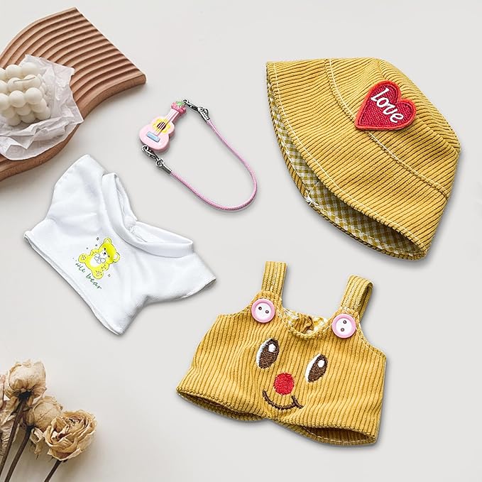 4-Piece 15cm/17cm Doll Clothes Set with Bag & Strap – T-Shirt, Romper, Hat & Pink Guitar (No Doll)