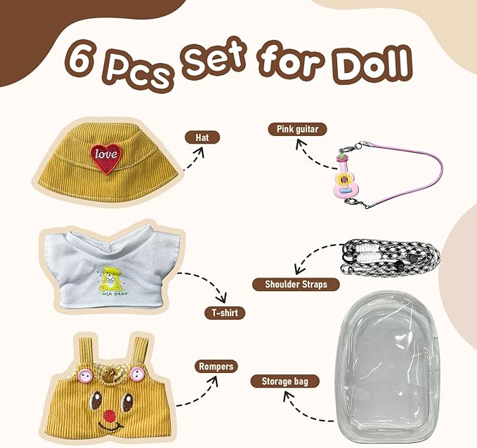 4-Piece 15cm/17cm Doll Clothes Set with Bag & Strap – T-Shirt, Romper, Hat & Pink Guitar (No Doll)