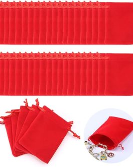 50-Pack Red Velvet Drawstring Bags – 7x9cm Small Gift & Jewelry Pouches by AKOAK
