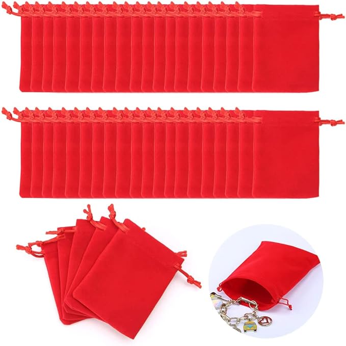 50-Pack Red Velvet Drawstring Bags – 7x9cm Small Gift & Jewelry Pouches by AKOAK