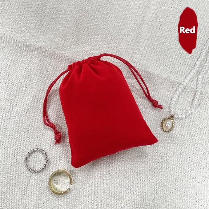 50-Pack Red Velvet Drawstring Bags – 7x9cm Small Gift & Jewelry Pouches by AKOAK