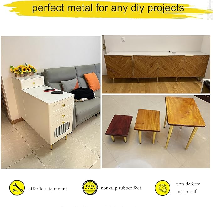 8-Pack Gold Metal Furniture Legs 4.75” – Straight Cabinet Legs with Level Feet