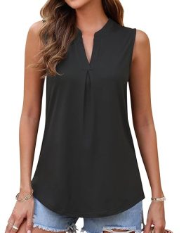 AUSELILY Women’s Sleeveless V-Neck Top – Loose Pleated Summer Blouse, Casual & Chic