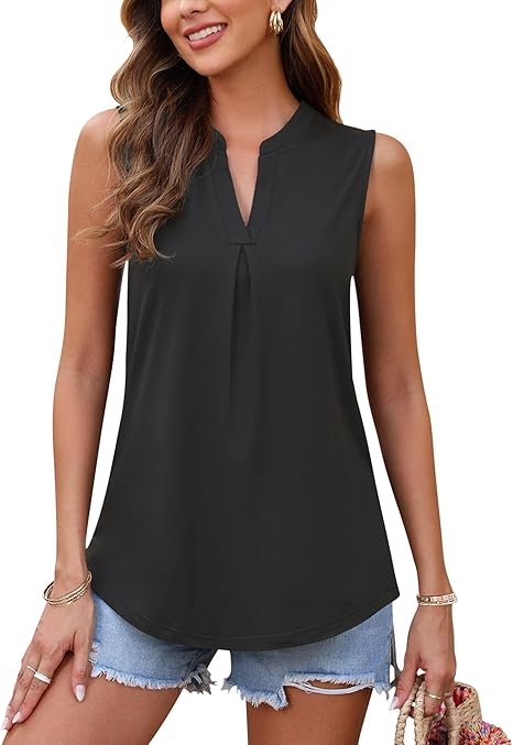 AUSELILY Women’s Sleeveless V-Neck Top – Loose Pleated Summer Blouse, Casual & Chic