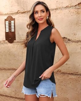 AUSELILY Women’s Sleeveless V-Neck Top – Loose Pleated Summer Blouse, Casual & Chic