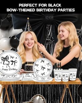 Black Bow Birthday Party Supplies Set – 120-Piece Disposable Tableware Kit with Plates, Cups, Napkins & Forks