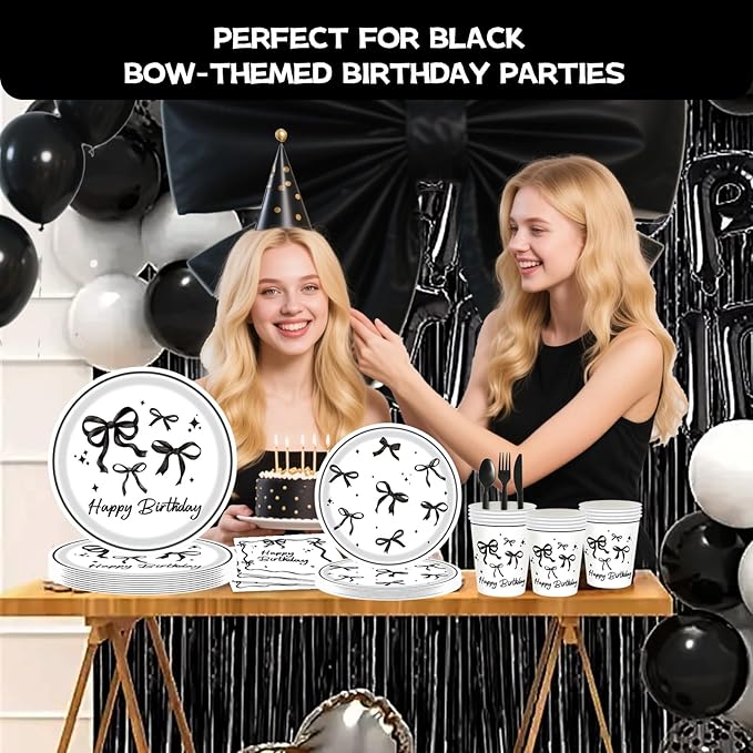 Black Bow Birthday Party Supplies Set – 120-Piece Disposable Tableware Kit with Plates, Cups, Napkins & Forks