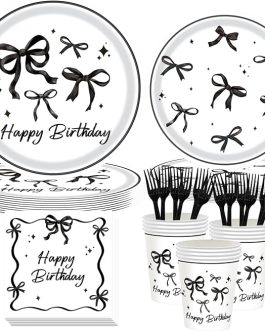 Black Bow Birthday Party Supplies Set – 120-Piece Disposable Tableware Kit with Plates, Cups, Napkins & Forks