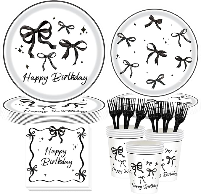 Black Bow Birthday Party Supplies Set – 120-Piece Disposable Tableware Kit with Plates, Cups, Napkins & Forks