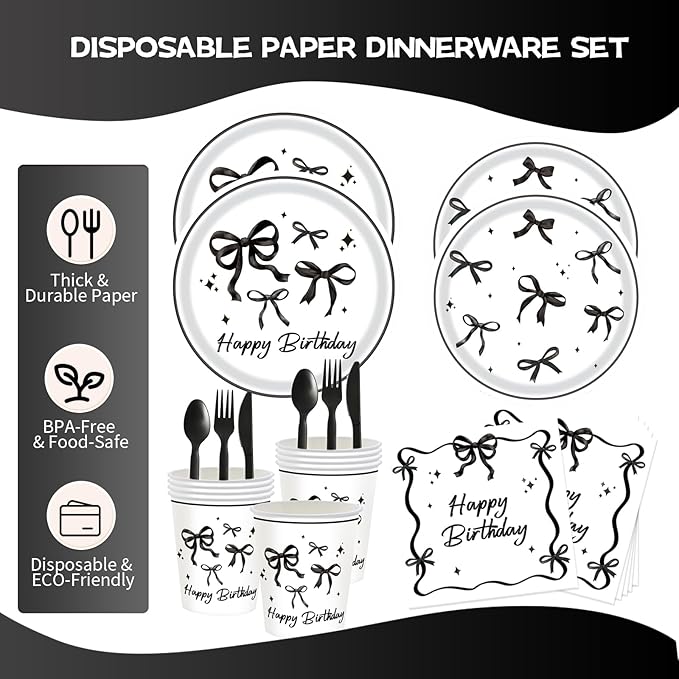 Black Bow Birthday Party Supplies Set – 120-Piece Disposable Tableware Kit with Plates, Cups, Napkins & Forks