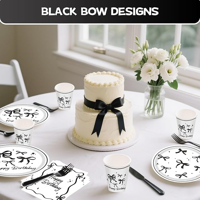 Black Bow Birthday Party Supplies Set – 120-Piece Disposable Tableware Kit with Plates, Cups, Napkins & Forks