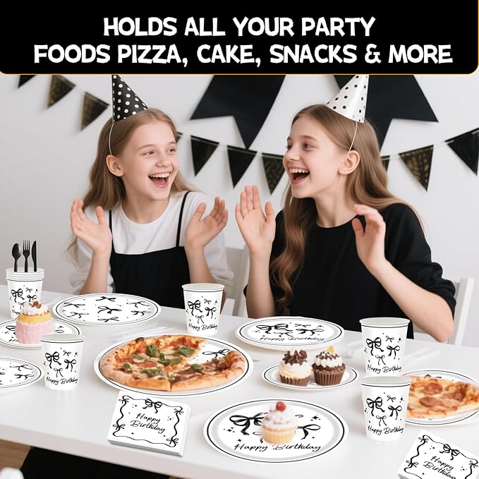 Black Bow Birthday Party Supplies Set – 120-Piece Disposable Tableware Kit with Plates, Cups, Napkins & Forks