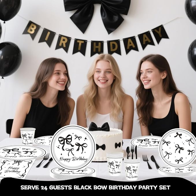Black Bow Birthday Party Supplies Set – 120-Piece Disposable Tableware Kit with Plates, Cups, Napkins & Forks