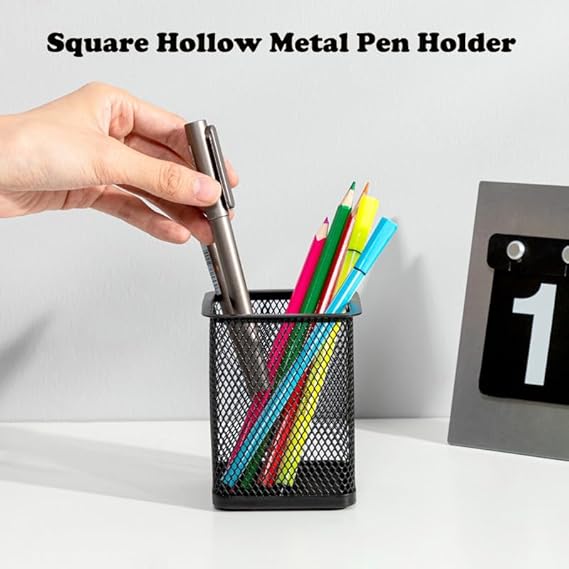 Black Metal Pen Holder – Square Grid Desktop Organizer by AKOAK