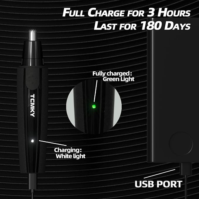 Black Rechargeable Nose & Ear Trimmer – 360° Precision Rotary Blades with Spare Head