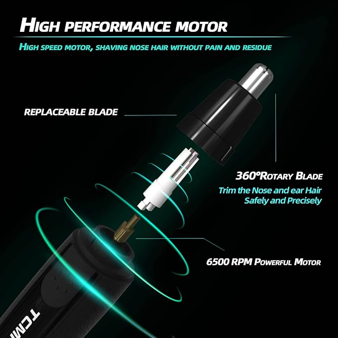 Black Rechargeable Nose & Ear Trimmer – 360° Precision Rotary Blades with Spare Head