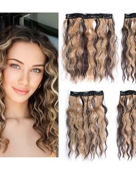 Brown & Blonde Highlighted Clip-In Hair Extensions – 12” Short Curly, 4pcs Full Head Set (120g, 4H18)