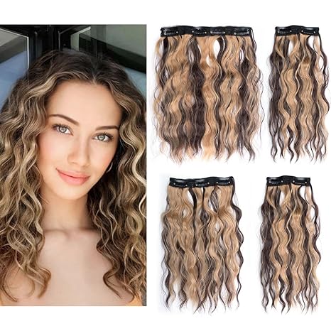 Brown & Blonde Highlighted Clip-In Hair Extensions – 12” Short Curly, 4pcs Full Head Set (120g, 4H18)