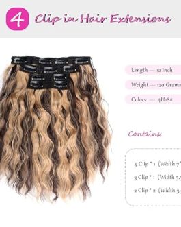 Brown & Blonde Highlighted Clip-In Hair Extensions – 12” Short Curly, 4pcs Full Head Set (120g, 4H18)