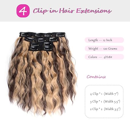 Brown & Blonde Highlighted Clip-In Hair Extensions – 12” Short Curly, 4pcs Full Head Set (120g, 4H18)