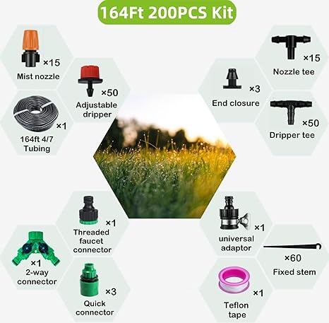 Garden Irrigation System 164FT – 200-Pack Drip Watering Kit for Greenhouse, Flower Beds & Lawn