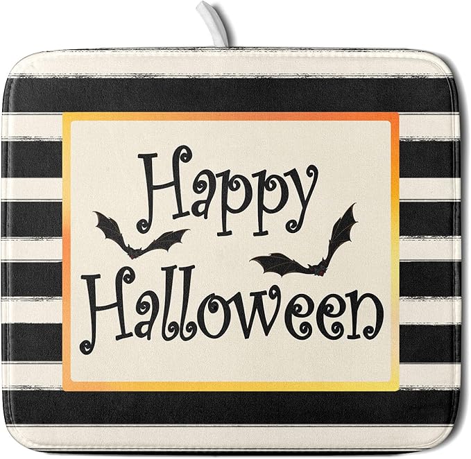 Halloween Bats Drying Mat 16x18” – Black & White Stripe Microfiber Dish Pad for Kitchen & Coffee Bar