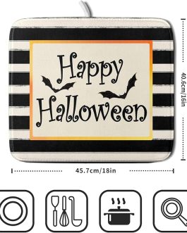 Halloween Bats Drying Mat 16×18” – Black & White Stripe Microfiber Dish Pad for Kitchen & Coffee Bar