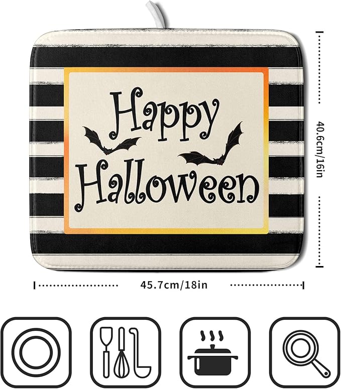 Halloween Bats Drying Mat 16x18” – Black & White Stripe Microfiber Dish Pad for Kitchen & Coffee Bar