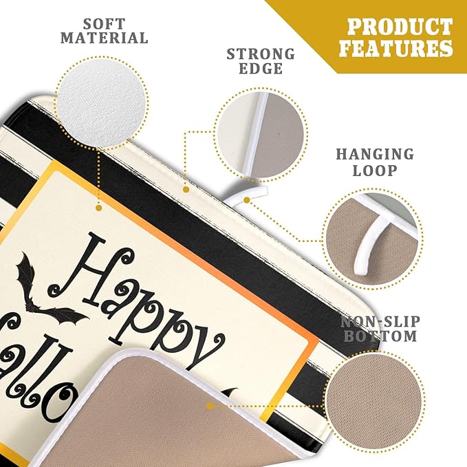 Halloween Bats Drying Mat 16x18” – Black & White Stripe Microfiber Dish Pad for Kitchen & Coffee Bar