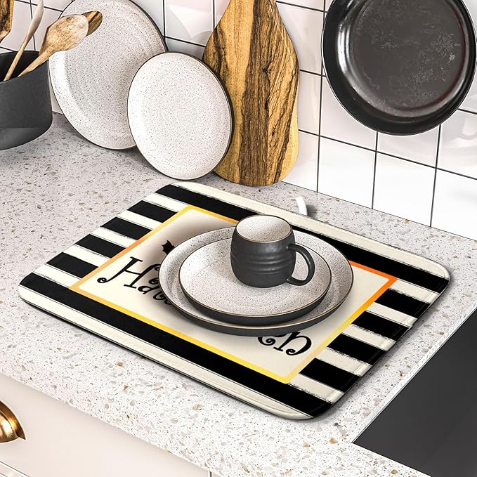 Halloween Bats Drying Mat 16x18” – Black & White Stripe Microfiber Dish Pad for Kitchen & Coffee Bar