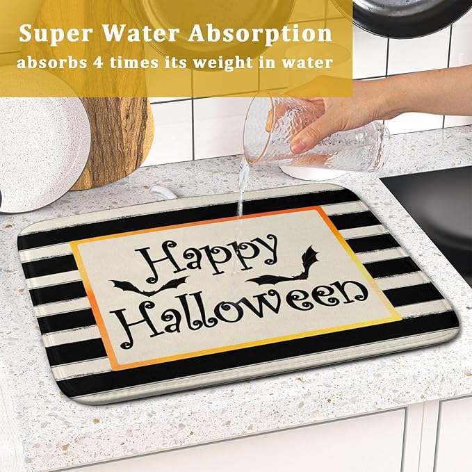 Halloween Bats Drying Mat 16x18” – Black & White Stripe Microfiber Dish Pad for Kitchen & Coffee Bar