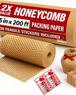 Honeycomb Packing Paper Roll 15” x 200ft + 30 Fragile Stickers – Eco-Friendly Wrap