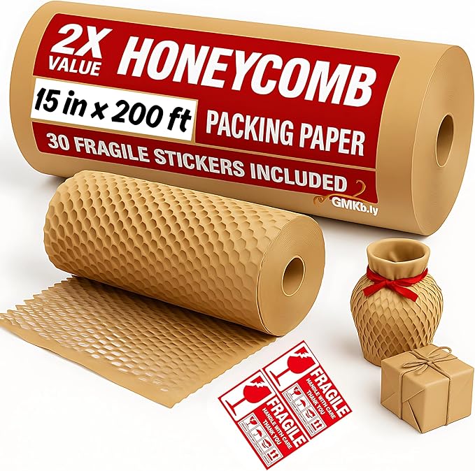 Honeycomb Packing Paper Roll 15” x 200ft + 30 Fragile Stickers – Eco-Friendly Wrap