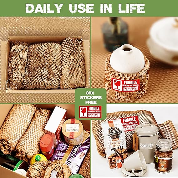 Honeycomb Packing Paper Roll 15” x 200ft + 30 Fragile Stickers – Eco-Friendly Wrap
