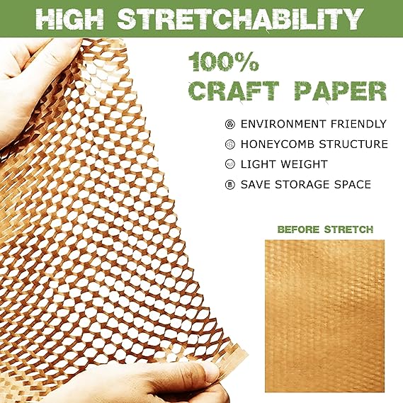 Honeycomb Packing Paper Roll 15” x 200ft + 30 Fragile Stickers – Eco-Friendly Wrap