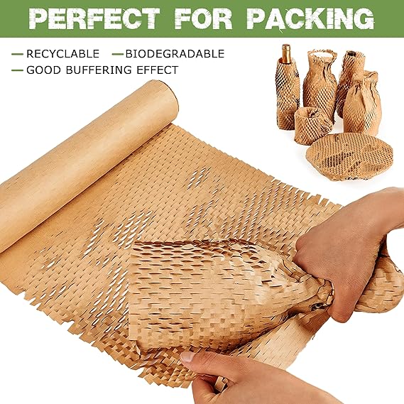 Honeycomb Packing Paper Roll 15” x 200ft + 30 Fragile Stickers – Eco-Friendly Wrap