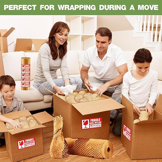 Honeycomb Packing Paper Roll 15” x 200ft + 30 Fragile Stickers – Eco-Friendly Wrap