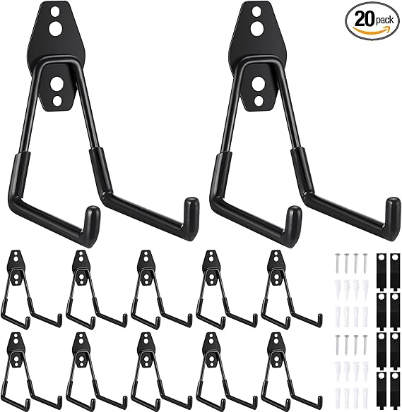 Landhoow 20-Pack Garage Hook Set – 12 Heavy-Duty Steel Hooks + 8 Cord Organizers for Wall Storage (Black)