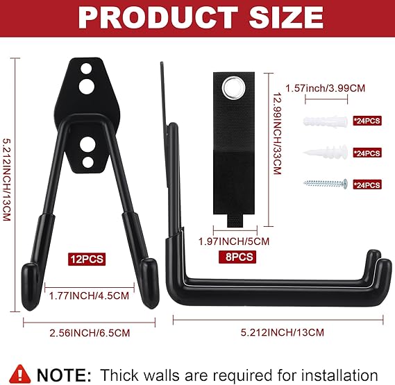 Landhoow 20-Pack Garage Hook Set – 12 Heavy-Duty Steel Hooks + 8 Cord Organizers for Wall Storage (Black)