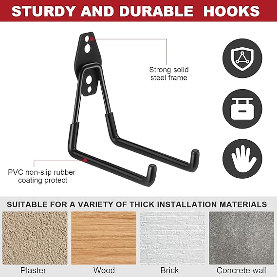 Landhoow 20-Pack Garage Hook Set – 12 Heavy-Duty Steel Hooks + 8 Cord Organizers for Wall Storage (Black)