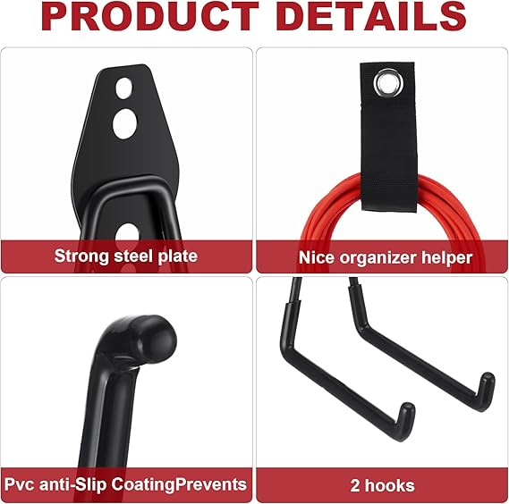 Landhoow 20-Pack Garage Hook Set – 12 Heavy-Duty Steel Hooks + 8 Cord Organizers for Wall Storage (Black)