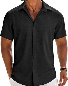 Men’s Linen Button-Down Shirt – Short Sleeve Casual Beach & Wedding Shirt by COOFANDY