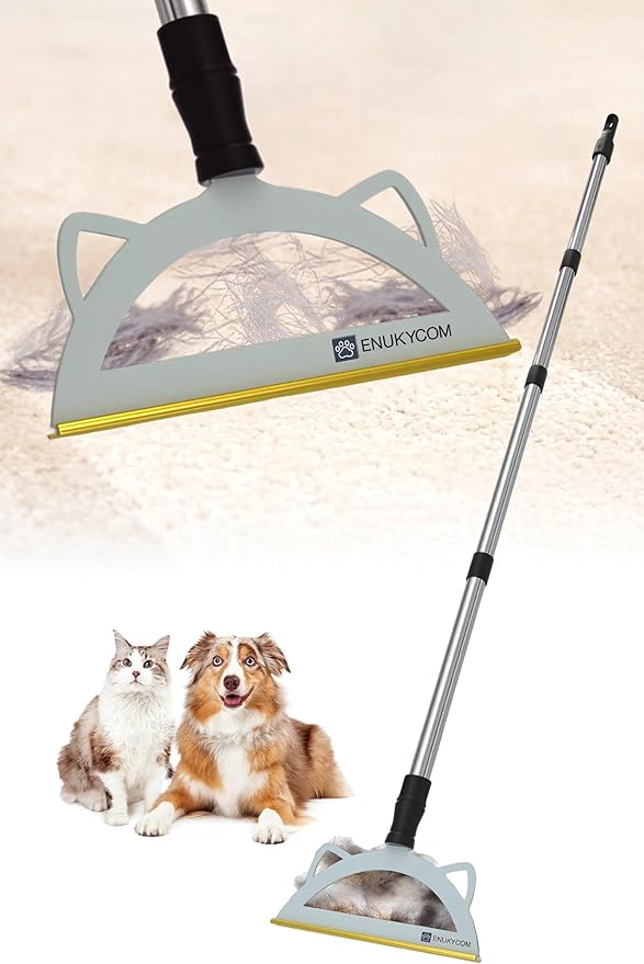 Pet Hair Remover Broom – 60” Adjustable Carpet Rake for Low Pile Rugs & Stairs, with Wall Clamp