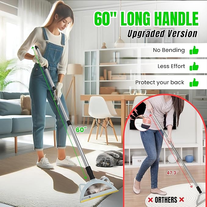 Pet Hair Remover Broom – 60” Adjustable Carpet Rake for Low Pile Rugs & Stairs, with Wall Clamp