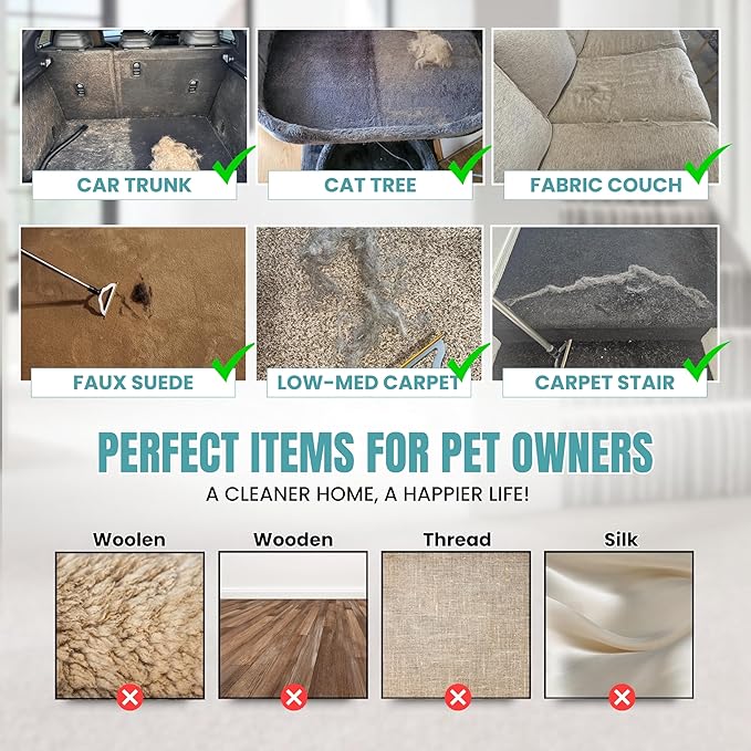 Pet Hair Remover Broom – 60” Adjustable Carpet Rake for Low Pile Rugs & Stairs, with Wall Clamp