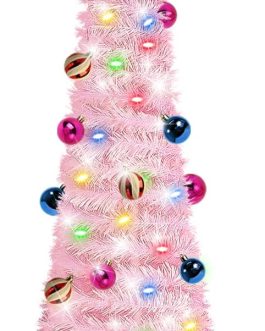 Pink 5 Ft Tinsel Christmas Tree – 60 LED Lights, Timer, 25 Ornaments, Battery Operated
