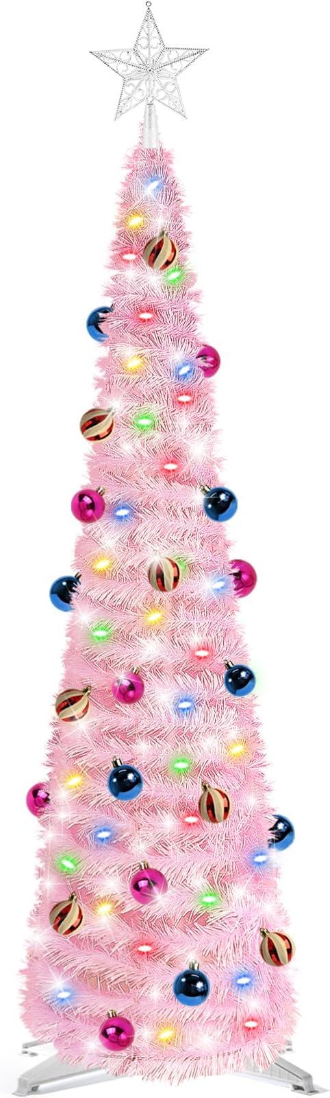Pink 5 Ft Tinsel Christmas Tree – 60 LED Lights, Timer, 25 Ornaments, Battery Operated